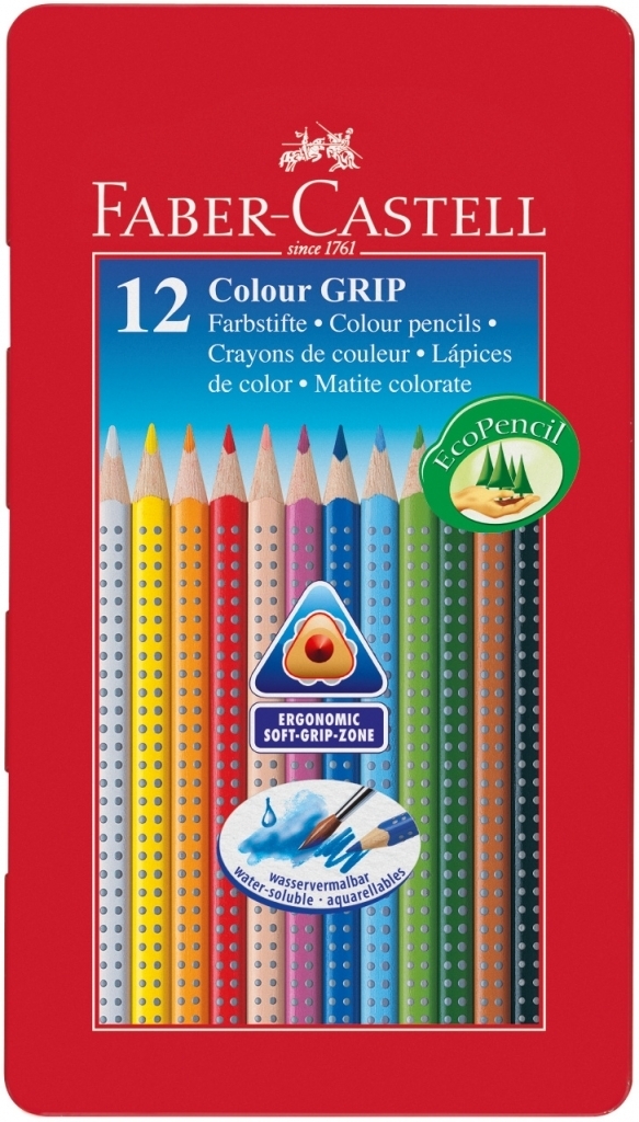 optional set Persistent Spalvoti pieštukai Faber-Castell Grip, tribriauniai, 12 spalvų, metalinėje  dėžutėje - Spalvoti ir akvareliniai pieštukai - CHARLOT
